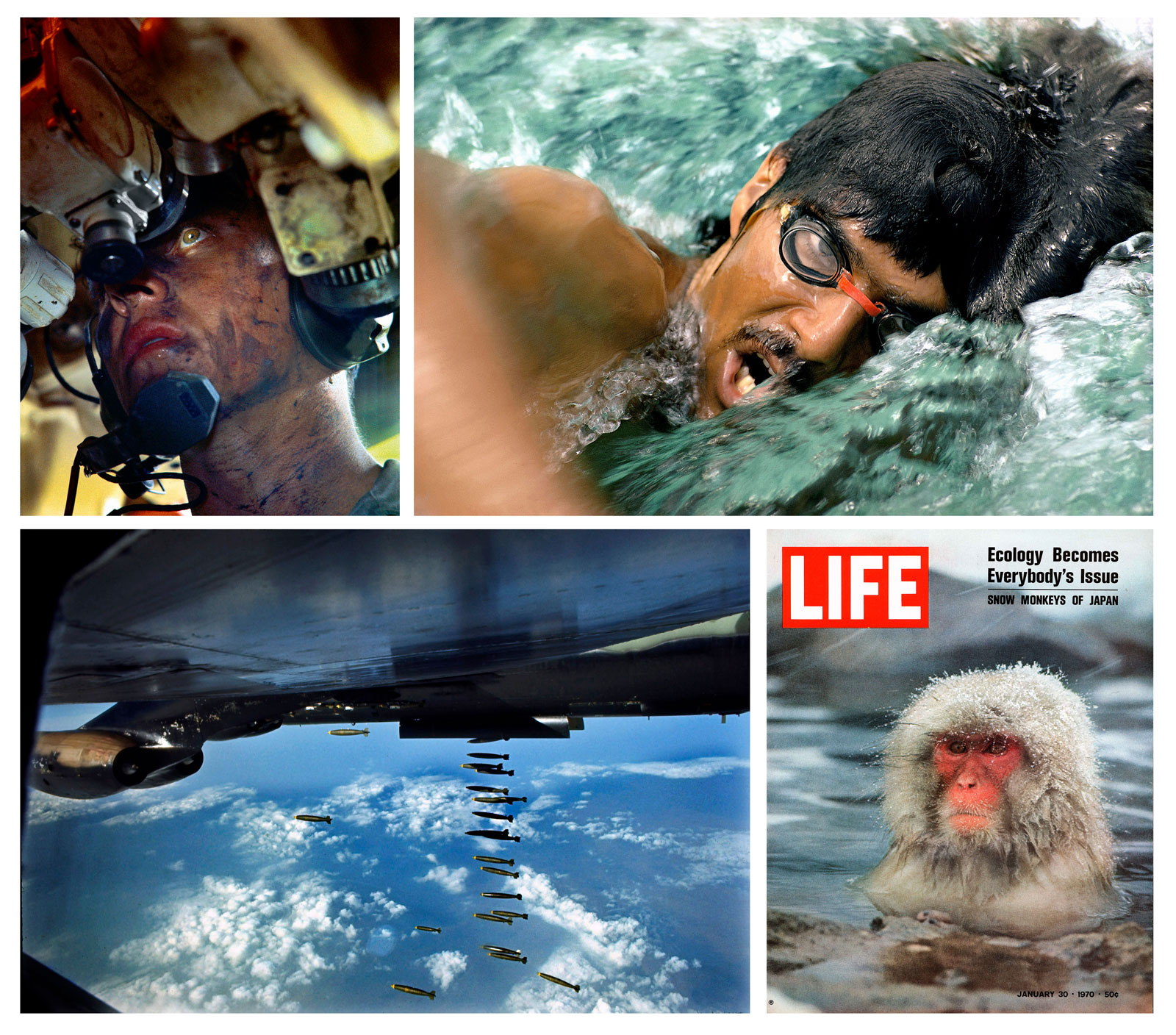 Imagens em exposição no museu Foam, em Amsterdã: em sentido horário, soldado na Guerra do Vietnã/1967 © The
LIFE Picture Collection. Image by Co Rentmeester/ 'Sports’ in 1973; o nadador Mark Spitz/ 1973, ©The LIFE Picture Collection. Image by Co Rentmeester -- ambas fotos que receberam o prêmio World Press Photo; Guerra do Vietnã /1967 © The
LIFE Picture Collection. Image by Co Rentmeester e capa da revista americana LIFE/ January 30, 1970 © The LIFE Picture Collection. Image by Co Rentmeester.