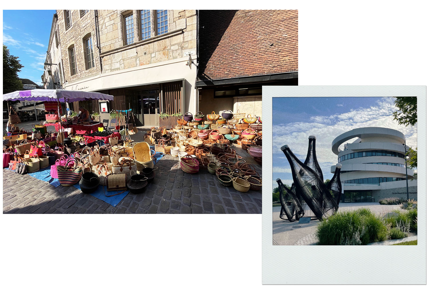 Vista da feira de sábado no centro histórico de Beaune (à esq.) e o prédio da Cité des Climats et vins de Bourgogne
