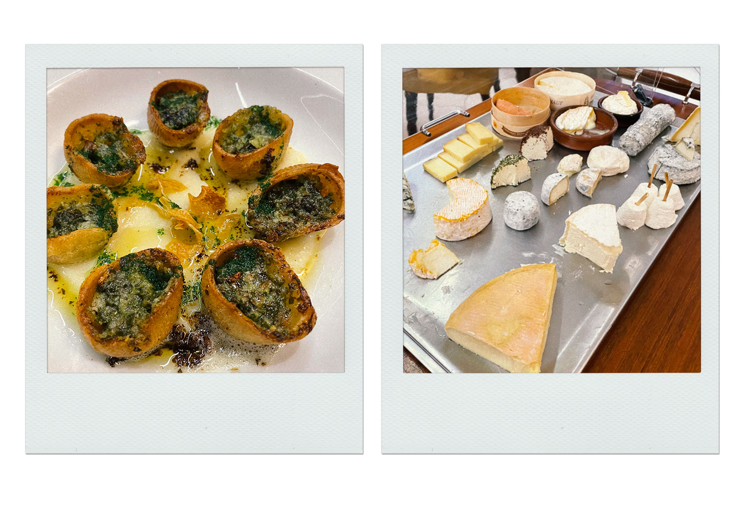 Prato de escargots em massa crocante servido no restaurante Le Cheval Noir, em Beaune (à esq.) e arrinho de queijos com iguarias de toda a Borgonha no restaurante Le Cheval Noir, em Beaune