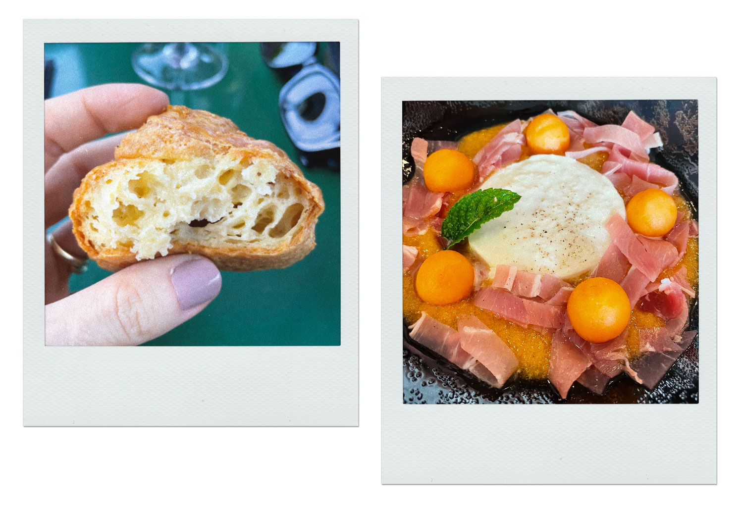 O gougère por dentro, o pãozinho de queijo francês feito com queijo Comté (à esq.), e um refrescante gaspacho de melão servido com presunto cru e muçarela